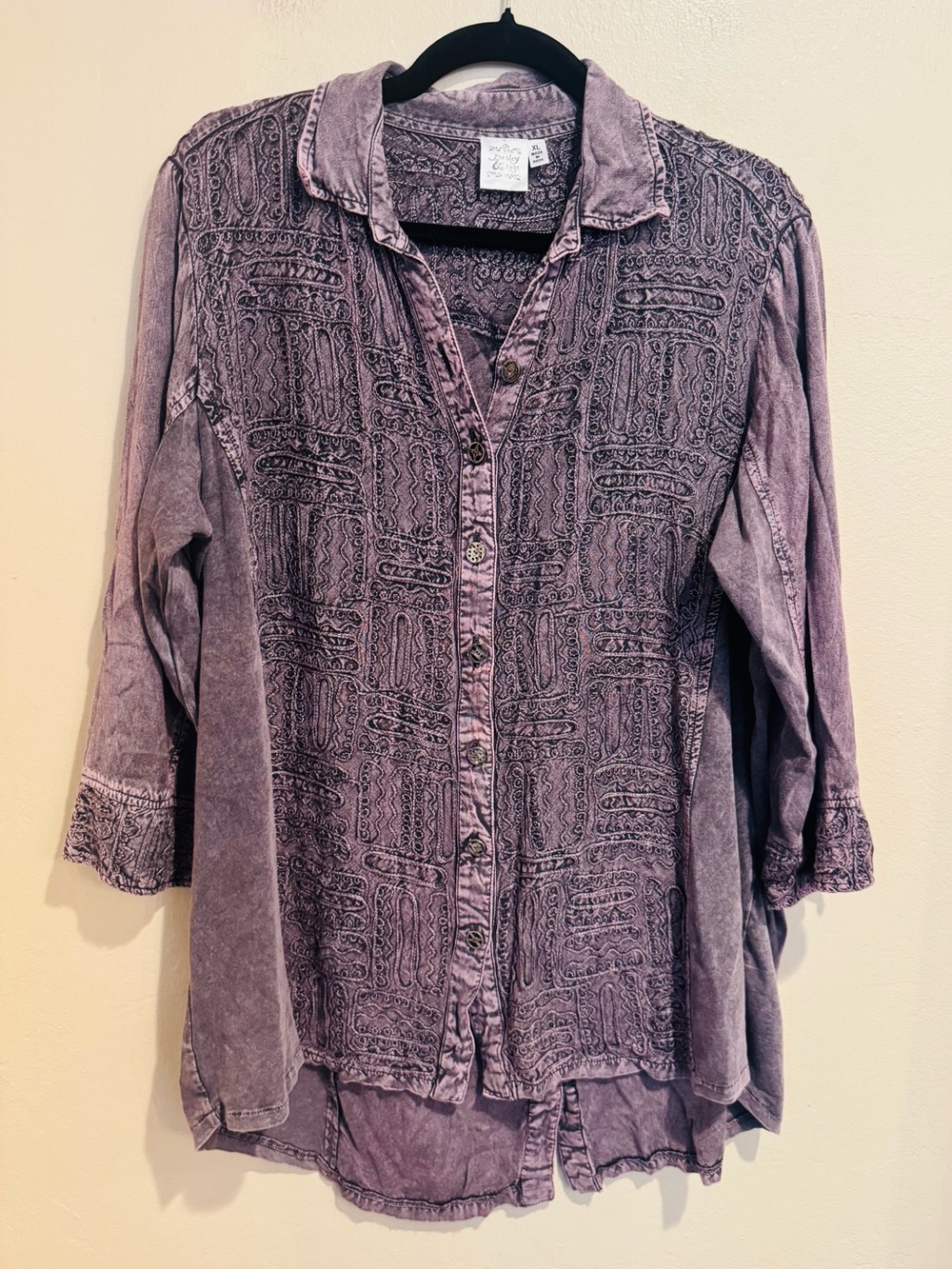 Boho Purple Vintage Washed Tonal Button Down Embroidered Art Wear High Low Tunic